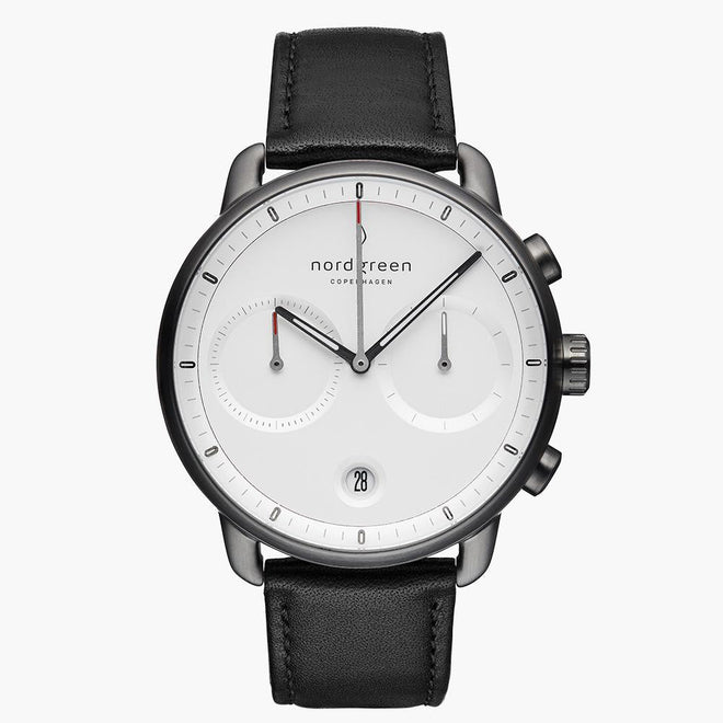 PI42GMLEBLXX &Gunmetal men's watch with white face and black leather strap PI42GMLEBLXX &Gunmetal men's watch with white face and black leather strap