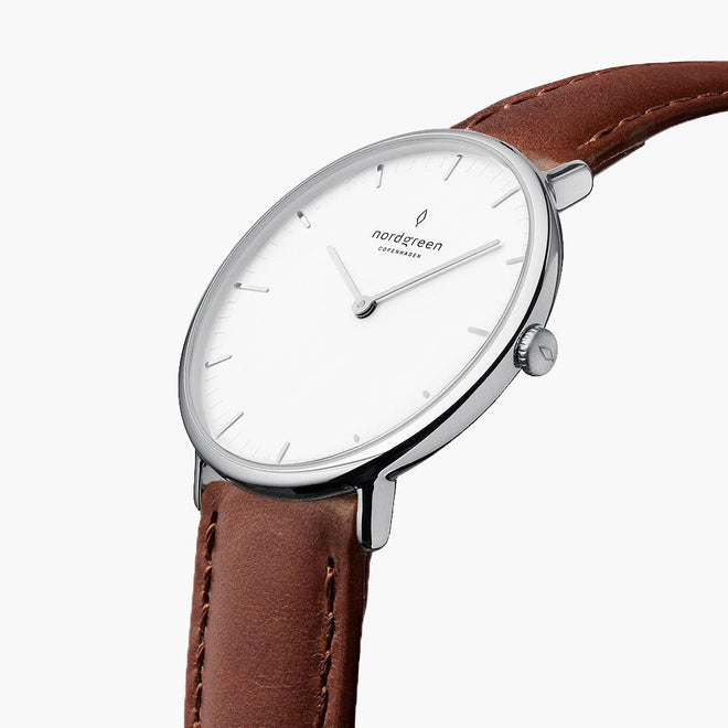 NR36SILEBRXX NR40SILEBRXX &Native men's watch with white face in silver with brown leather straps NR36SILEBRXX NR40SILEBRXX &Native men's watch with white face in silver with brown leather straps