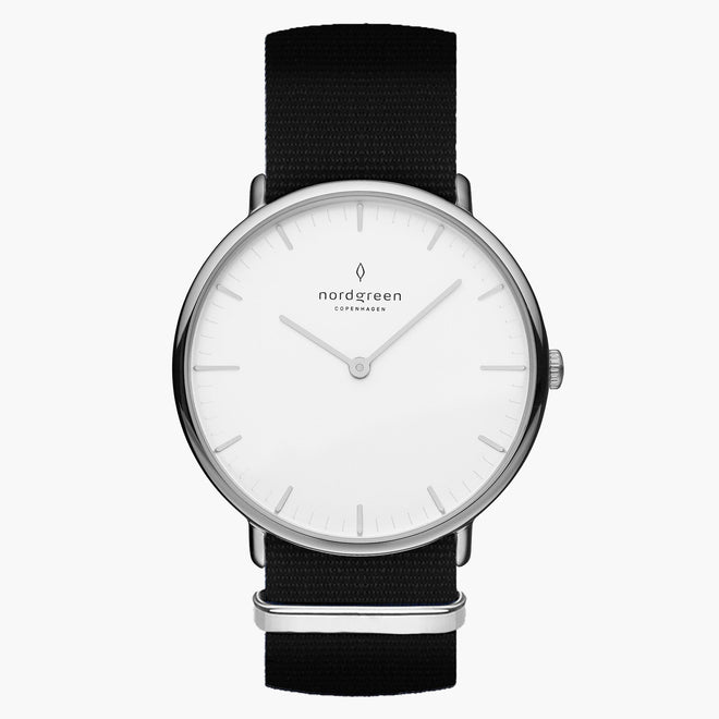 NR32SINYBLXX NR36SINYBLXX NR40SINYBLXX &Native men's watch with white face in silver with black nylon straps NR32SINYBLXX NR36SINYBLXX NR40SINYBLXX &Native men's watch with white face in silver with black nylon straps