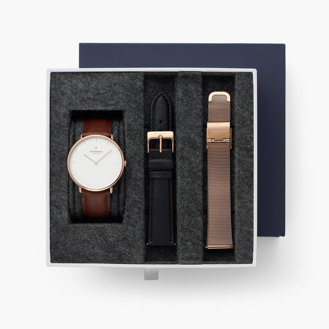Native - BUNDLE White Dial Rose Gold | Brown Leather / Black Leather / Rose Gold Mesh Straps Native - BUNDLE White Dial Rose Gold | Brown Leather / Black Leather / Rose Gold Mesh Straps