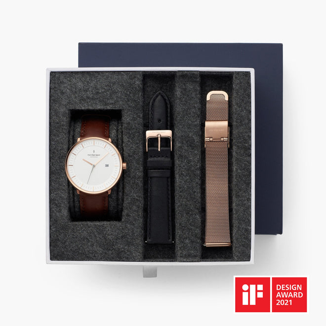 Philosopher - BUNDLE White Dial Rose Gold | Brown / Black / Mesh Straps Philosopher - BUNDLE White Dial Rose Gold | Brown / Black / Mesh Straps