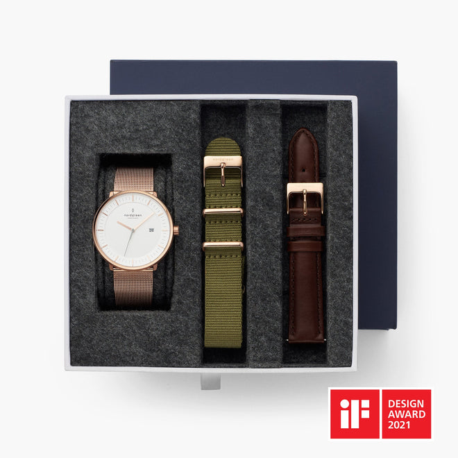 Philosopher - BUNDLE White Dial Rose Gold | Mesh / Green Nato Straps / Dark Brown Philosopher - BUNDLE White Dial Rose Gold | Mesh / Green Nato Straps / Dark Brown