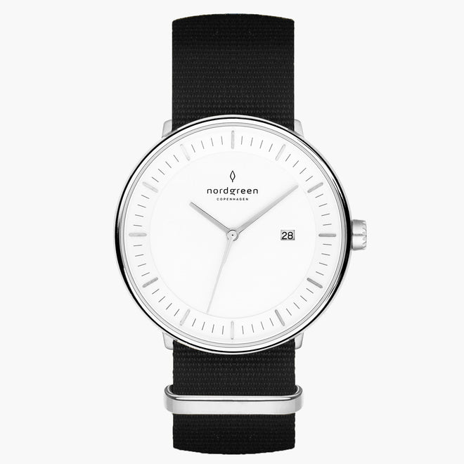 PH36SINYBLXX PH40SINYBLXX &Philosopher men's watch with white face in silver with black nylon strap PH36SINYBLXX PH40SINYBLXX &Philosopher men's watch with white face in silver with black nylon strap