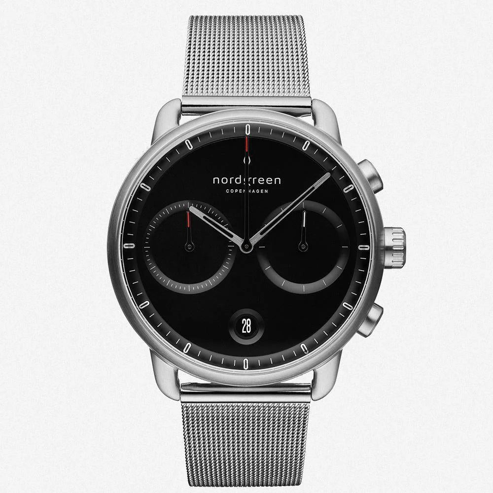 Pioneer Silver - 42 MM Black Dial - Mesh Strap