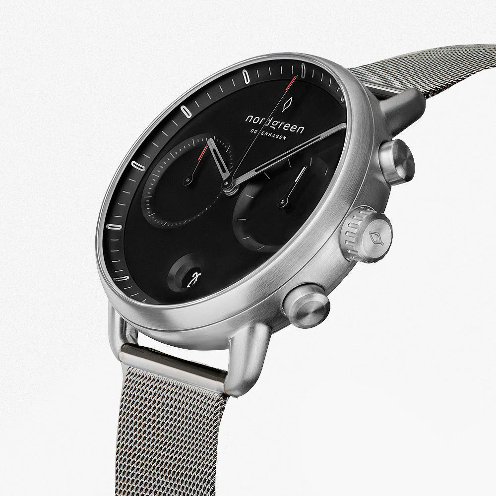 Pioneer Silver - 42 MM Black Dial - Mesh Strap