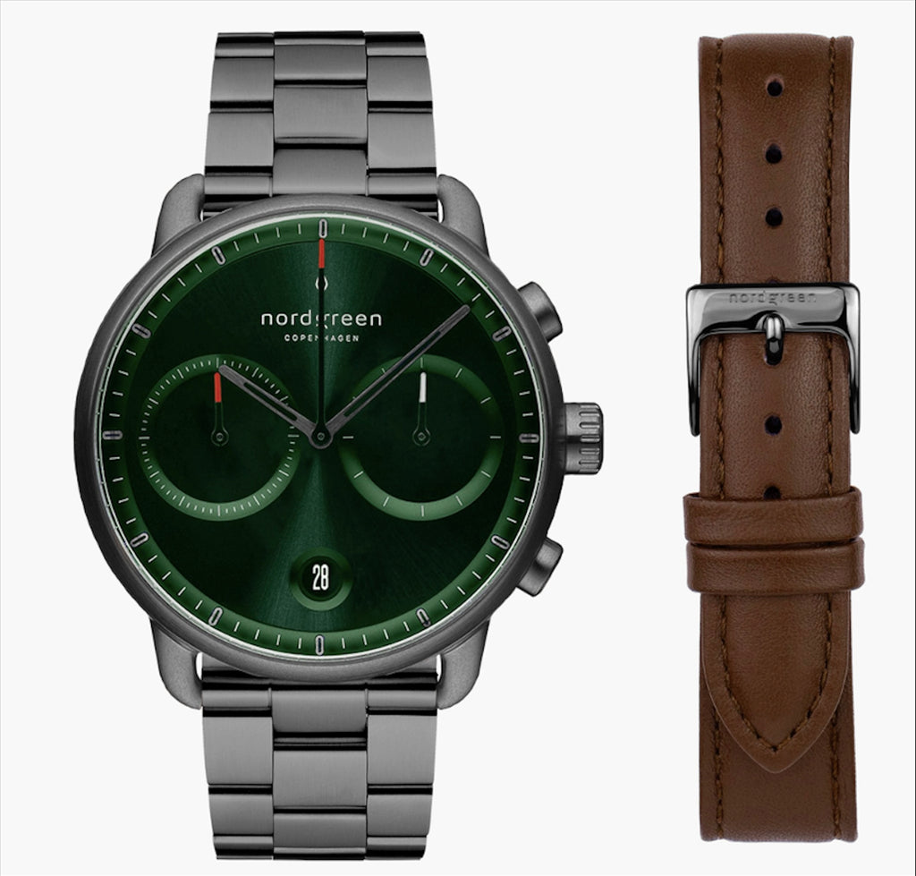 Pioneer - BUNDLE Green Sunray Dial Gun Metal | 3 Link & Brown Leather Strap