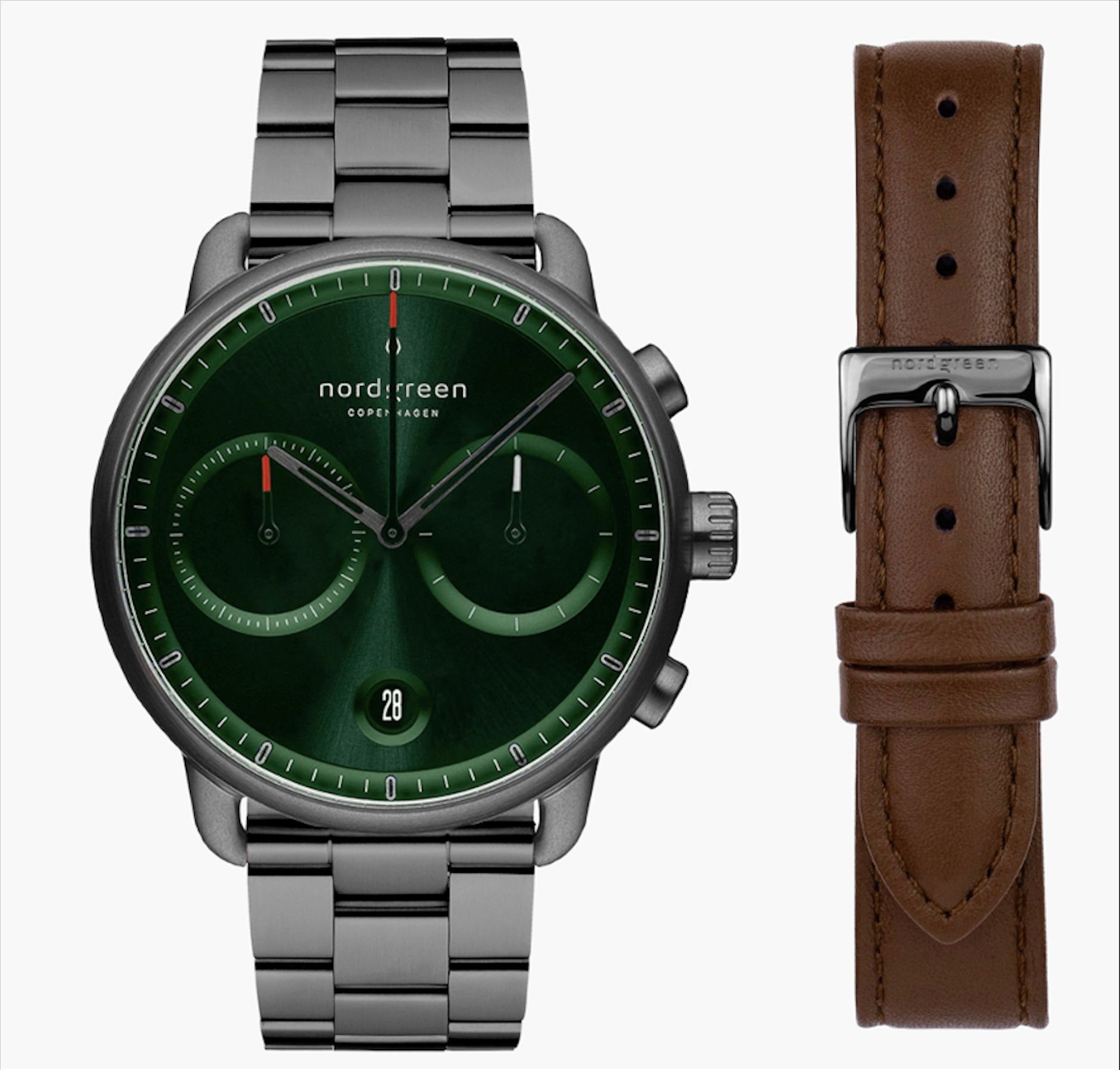 Pioneer - BUNDLE Green Sunray Dial Gun Metal | 3 Link & Brown Leather Strap