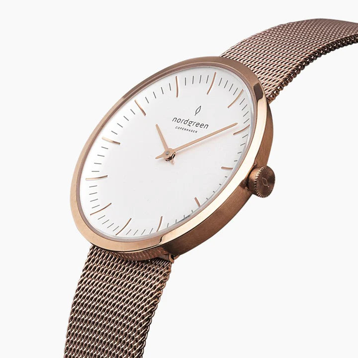 IN32RGXXMEROLEBR - Infinity 32mm Rose Gold White Dial with Rose Gold Mesh Watch Strap with Brown Leather Strap