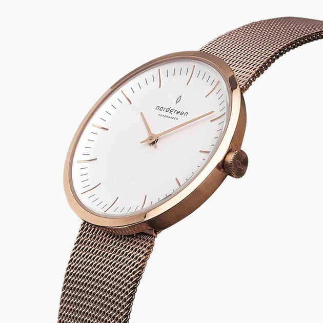 IN32RGXXMEROLEBR - Infinity 32mm Rose Gold White Dial with Rose Gold Mesh Watch Strap with Brown Leather Strap