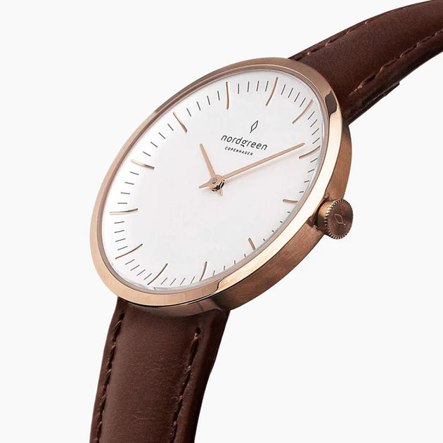 IN32RGXXMEROLEBR - Infinity 32mm Rose Gold White Dial with Rose Gold Mesh Watch Strap with Brown Leather Strap