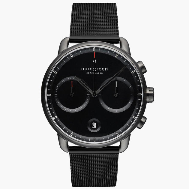 PI42GMMEBLBL &Pioneer black on black men's watch in gunmetal with black mesh strap