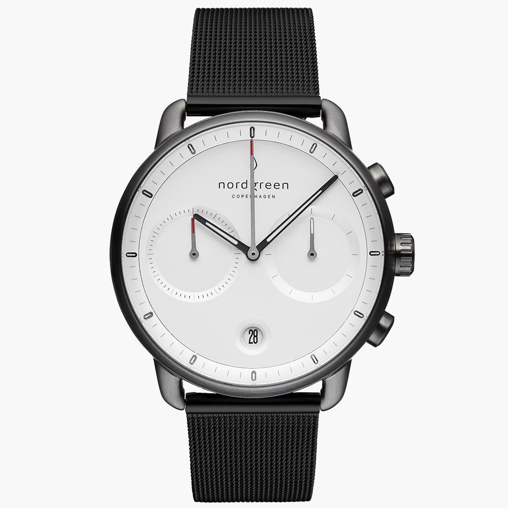 PI42GMMEBLXX &Gunmetal men's watch with white face and black mesh strap