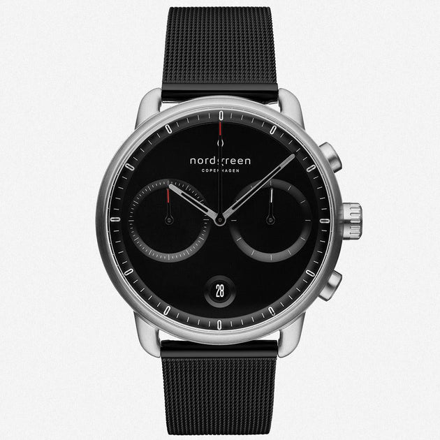 PI42SIMEBLBL &Pioneer black on black men's watch in silver with black mesh strap