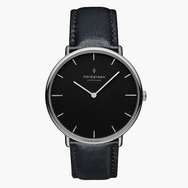 NR36SILEBLBL NR40SILEBLBL &Native black on black men's watch in silver with black leather straps