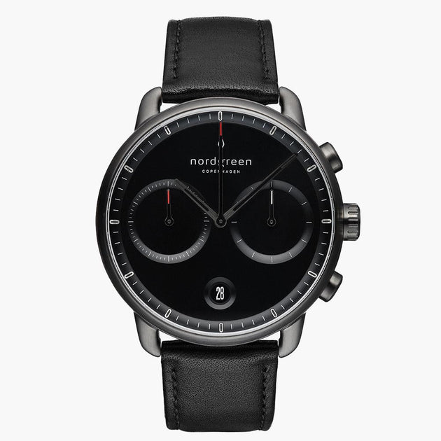 PI42GMLEBLBL &Pioneer black on black men's watch in gunmetal with black leather strap