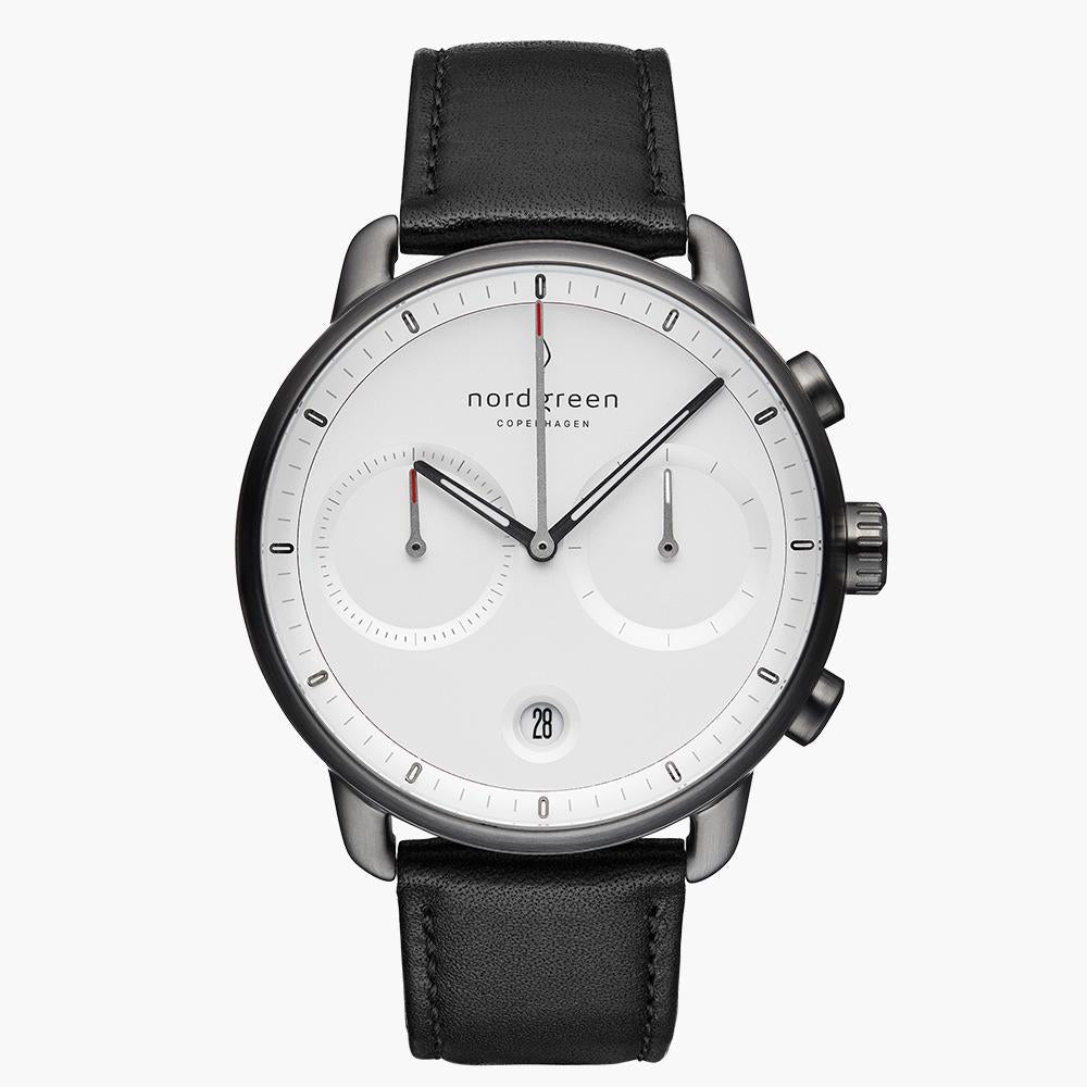 PI42GMLEBLXX &Gunmetal men's watch with white face and black leather strap