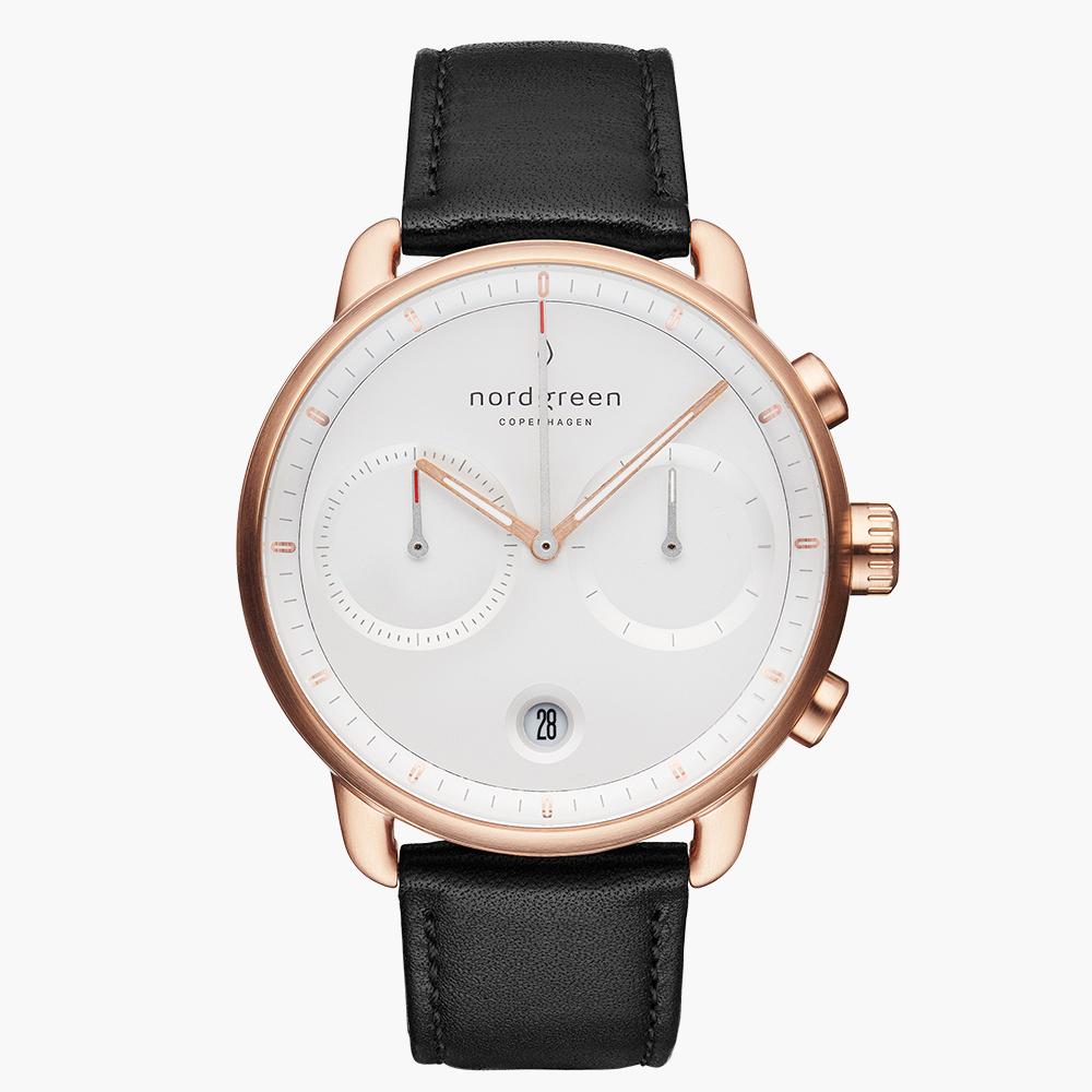 PI42RGLEBLXX &Rose gold men's watch with white face and black leather strap