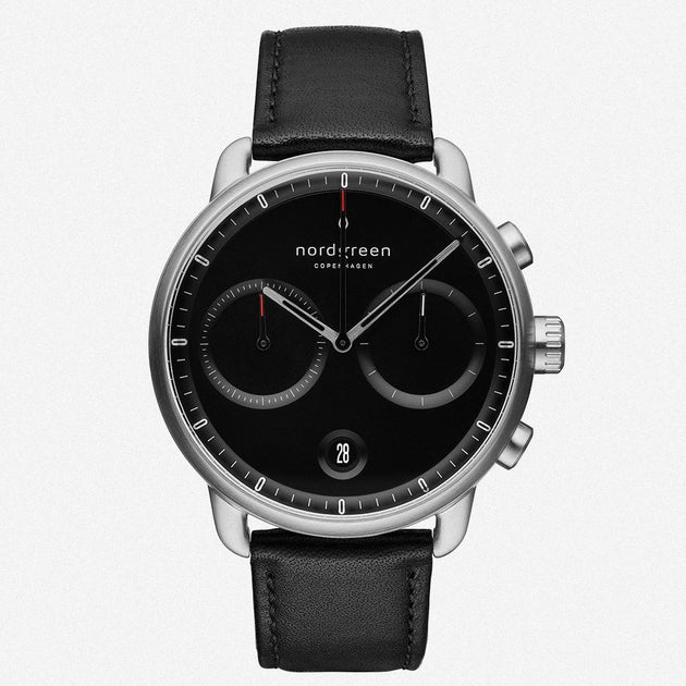 PI42SILEBLBL &Pioneer black on black men's watch in silver with black leather strap