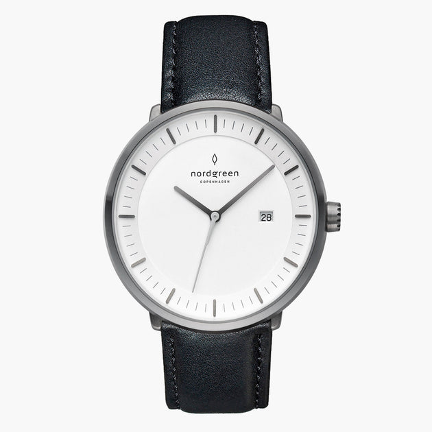 PH36GMLEBLXX PH40GMLEBLXX &Philosopher men's watch with white face in gunmetal with black leather strap