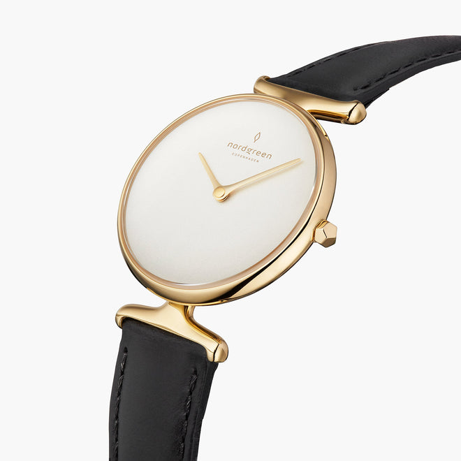 UN28GOLEBLXX UN32GOLEBLXX &Unika gold watches for women with white dial and black leather strap
