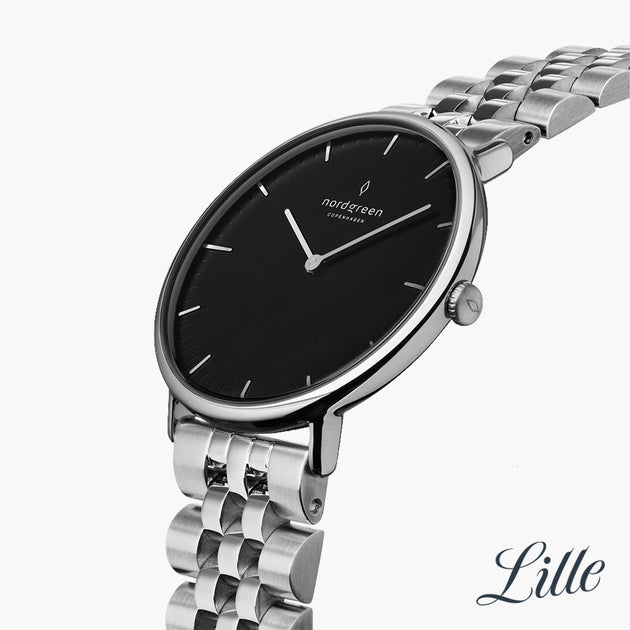 NR28SI5LSIBL NR32SI5LSIBL &Native black dial women's watch in silver with 5-link straps