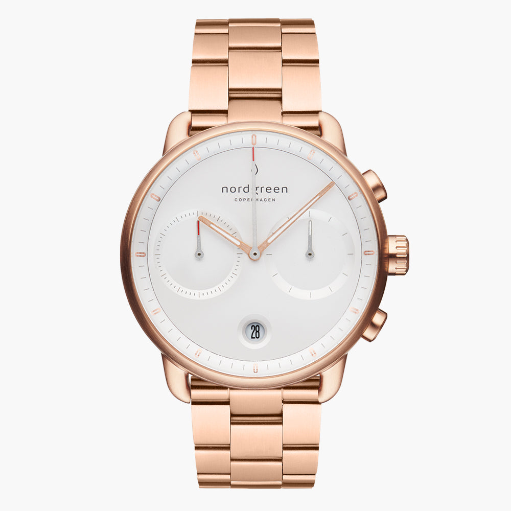 PI42RG3LROXX &Nordgreen men's watch with white face and 3-link strap in rose gold