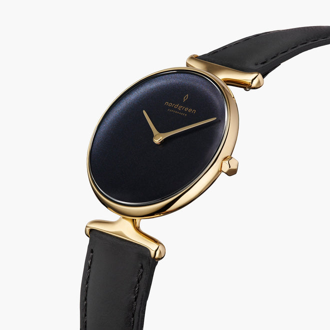 UN28GOLEBLRB UN32GOLEBLRB &Unika gold watches for women with rainbow black dial and black leather strap