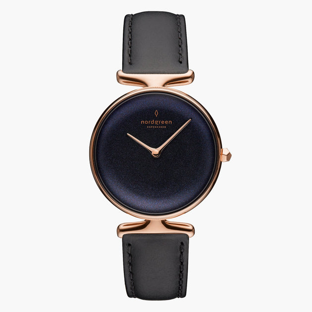 UN28RGLEBLRB UN32RGLEBLRB &Unika rainbow black dial women's watch in rose gold with black leather strap