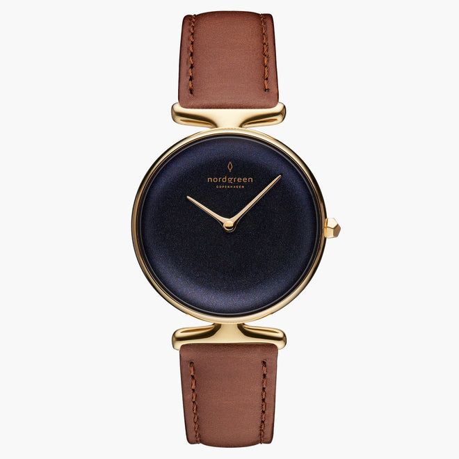 UN28GOLEBRRB UN32GOLEBRRB &Unika gold watches for women with rainbow black dial and brown leather strap