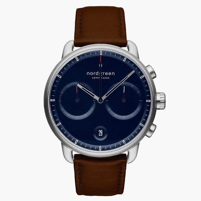 PI42SILEDBNA &Nordgreen men's silver watch with blue face and dark brown leather straps