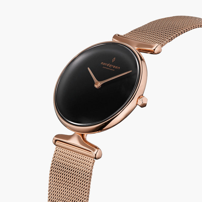 UN28RGMEROBL UN32RGMEROBL &Unika black dial women's watch in rose gold with mesh strap