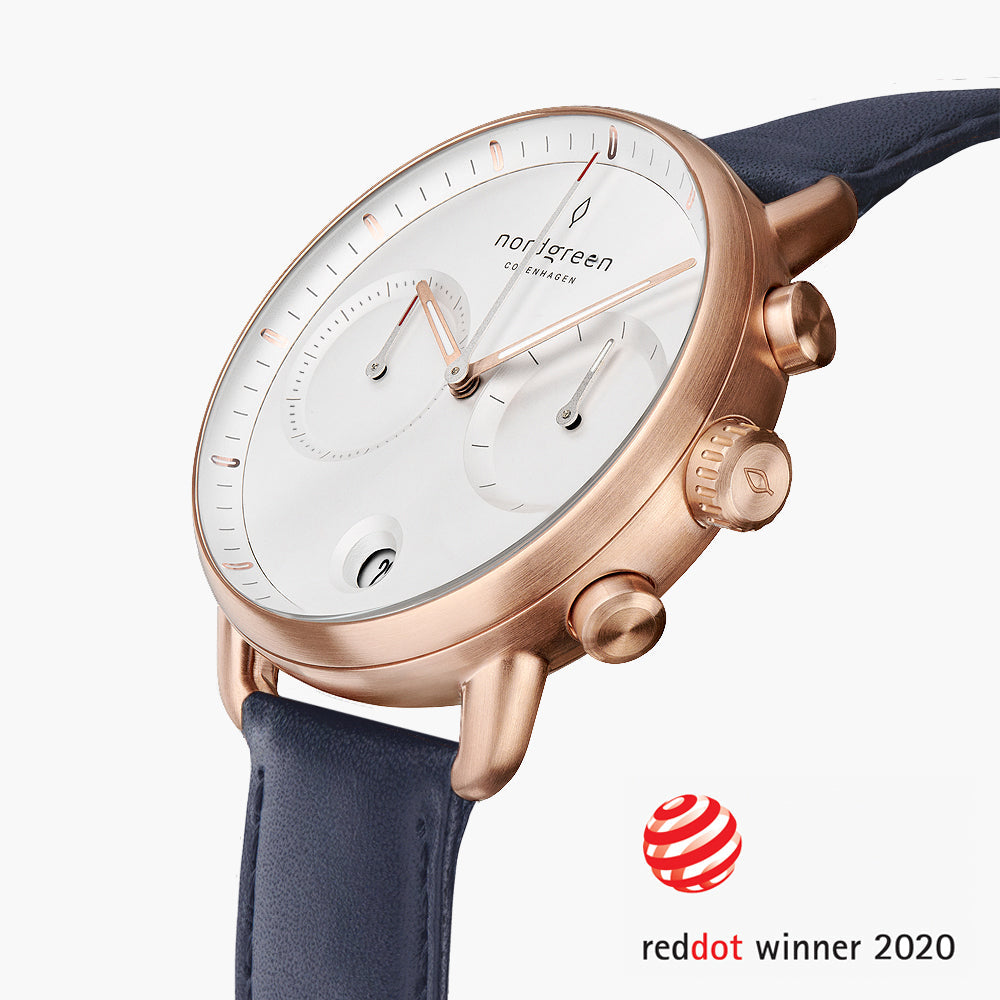 PI42RGLENAXX &Rose gold men's watch with white face and blue leather strap
