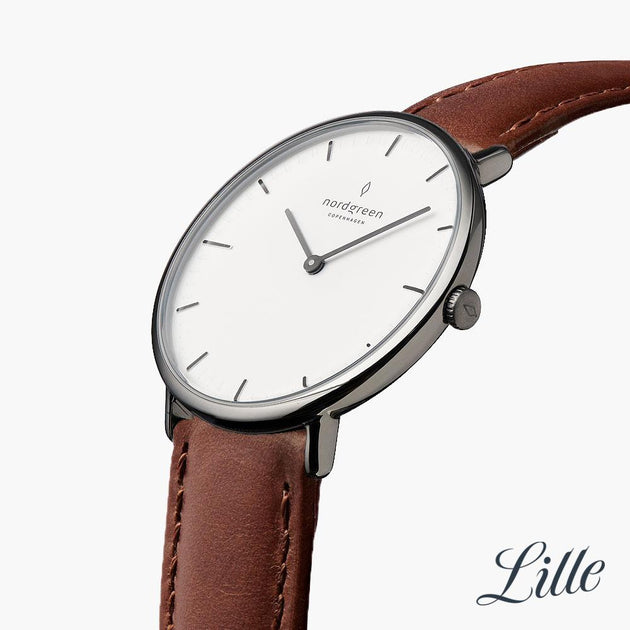 NR32GMLEBRXX NR28GMLEBRXX &Native gunmetal watch women's with brown leather straps