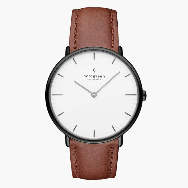 NR36GMLEBRXX NR40GMLEBRXX &Native men's watch with white face in gunmetal with brown leather straps