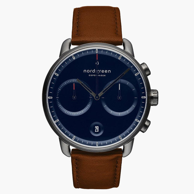 PI42GMLEBRNA &Men's blue dial watches in gunmetal with brown leather straps