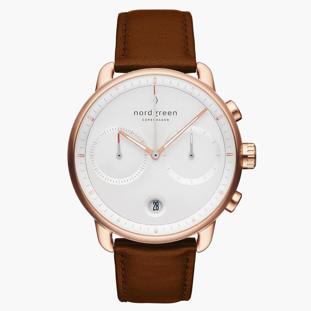 PI42RGLEBRXX &Rose gold men's watch with white face and brown leather strap