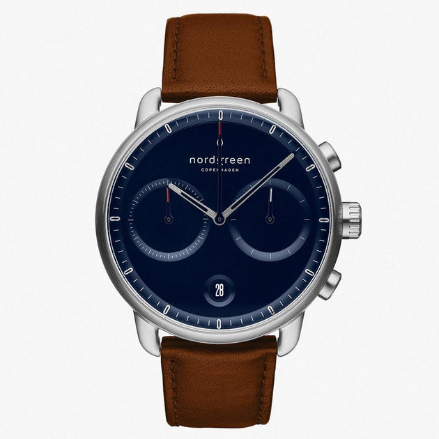 PI42SILEBRNA &Nordgreen men's silver watch with blue face and brown leather straps