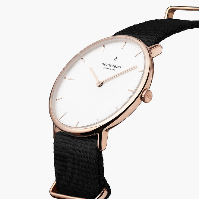 NR32RGNYBLXX NR36RGNYBLXX NR40RGNYBLXX &Native rose gold watch with black nylon straps
