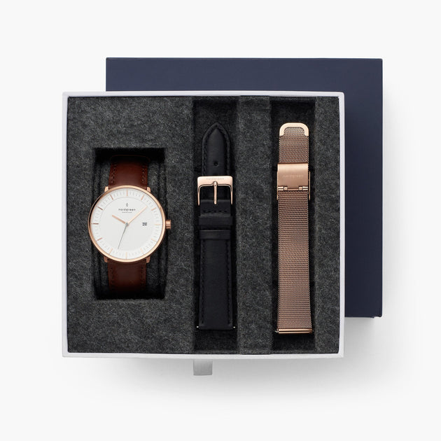 Philosopher - BUNDLE White Dial Rose Gold | Brown / Black / Mesh Straps