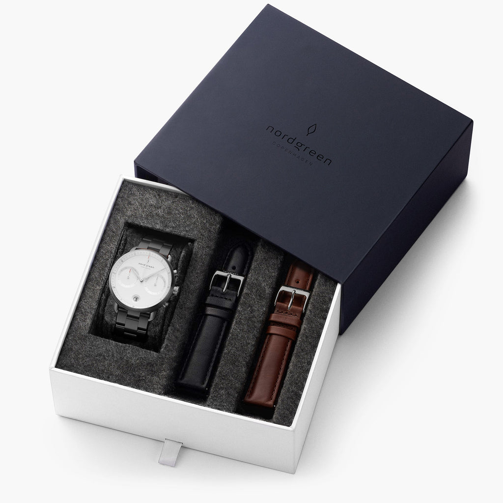 Pioneer - BUNDLE White Dial Gun Metal | Gun Metal 3-Link / Black / Brown Leather Straps