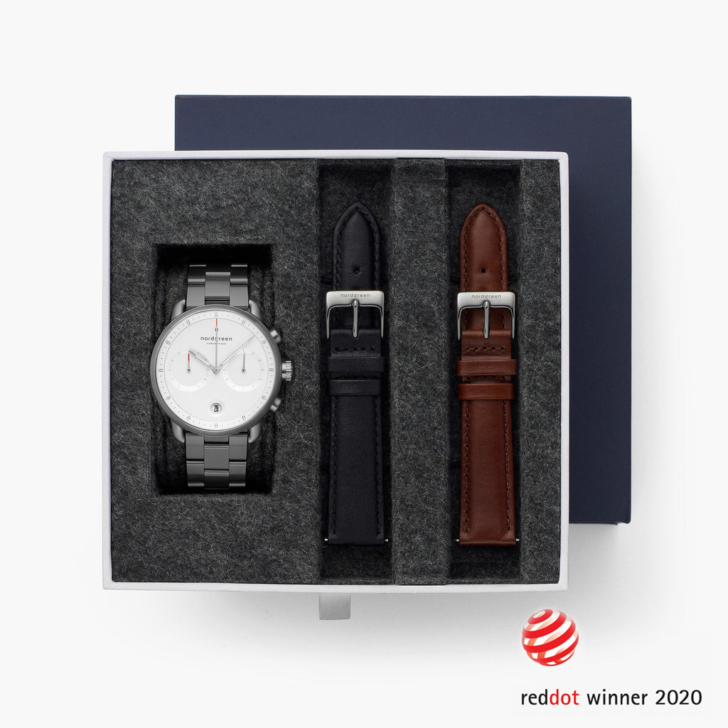 Pioneer - BUNDLE White Dial Gun Metal | Gun Metal 3-Link / Black / Brown Leather Straps