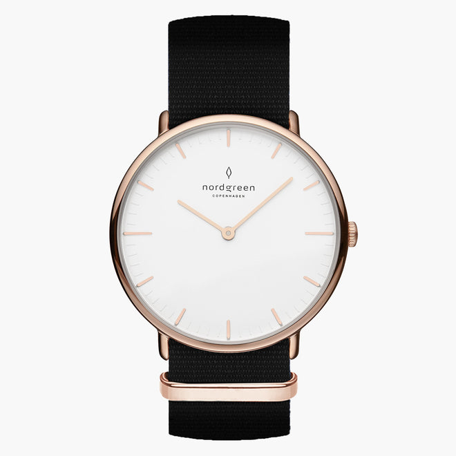 NR32RGNYBLXX NR36RGNYBLXX NR40RGNYBLXX &Native rose gold watch with black nylon straps