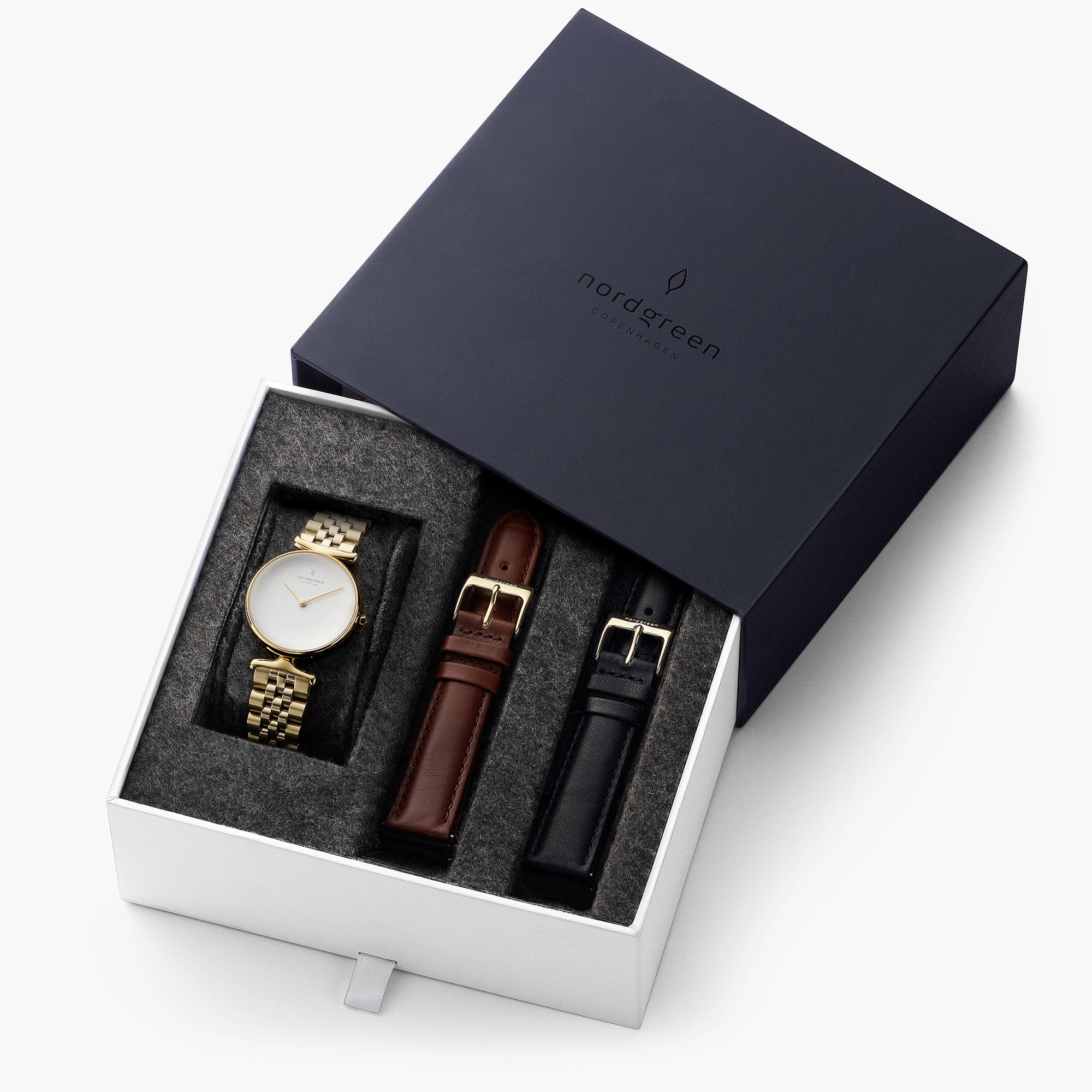 Unika - BUNDLE White Dial Gold | Gold 5-Link / Black / Brown Leather Straps