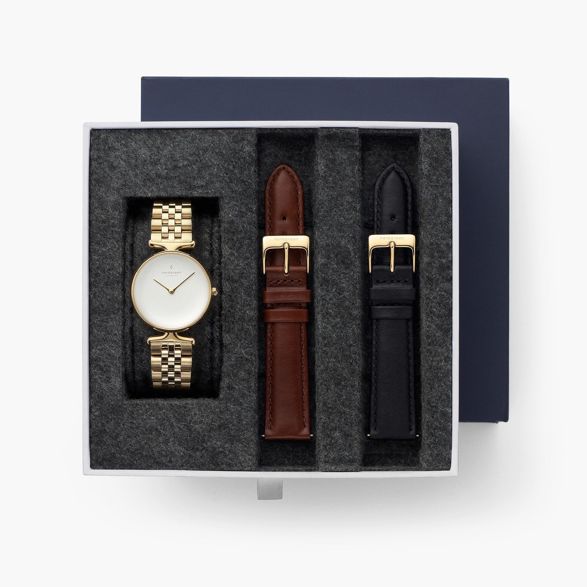 Unika - BUNDLE White Dial Gold | Gold 5-Link / Black / Brown Leather Straps