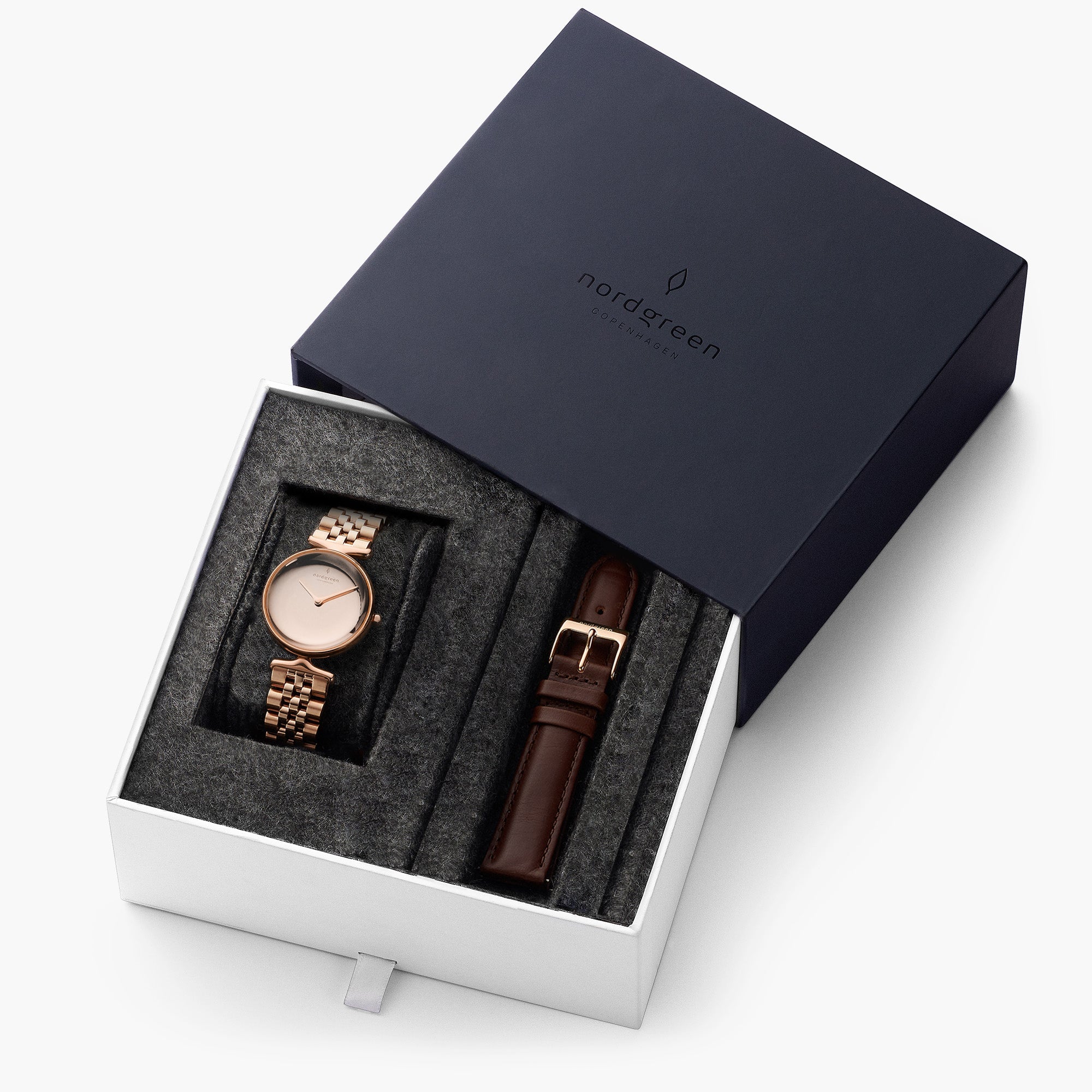 Unika - BUNDLE Polished Metal Dial Rose Gold | 5 Link / Dark Brown Leather Straps