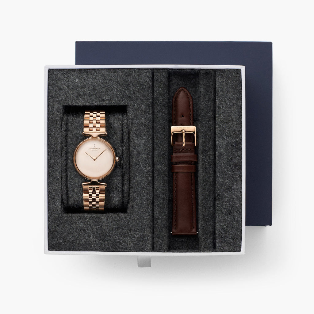 Unika - BUNDLE Polished Metal Dial Rose Gold | 5 Link / Dark Brown Leather Straps